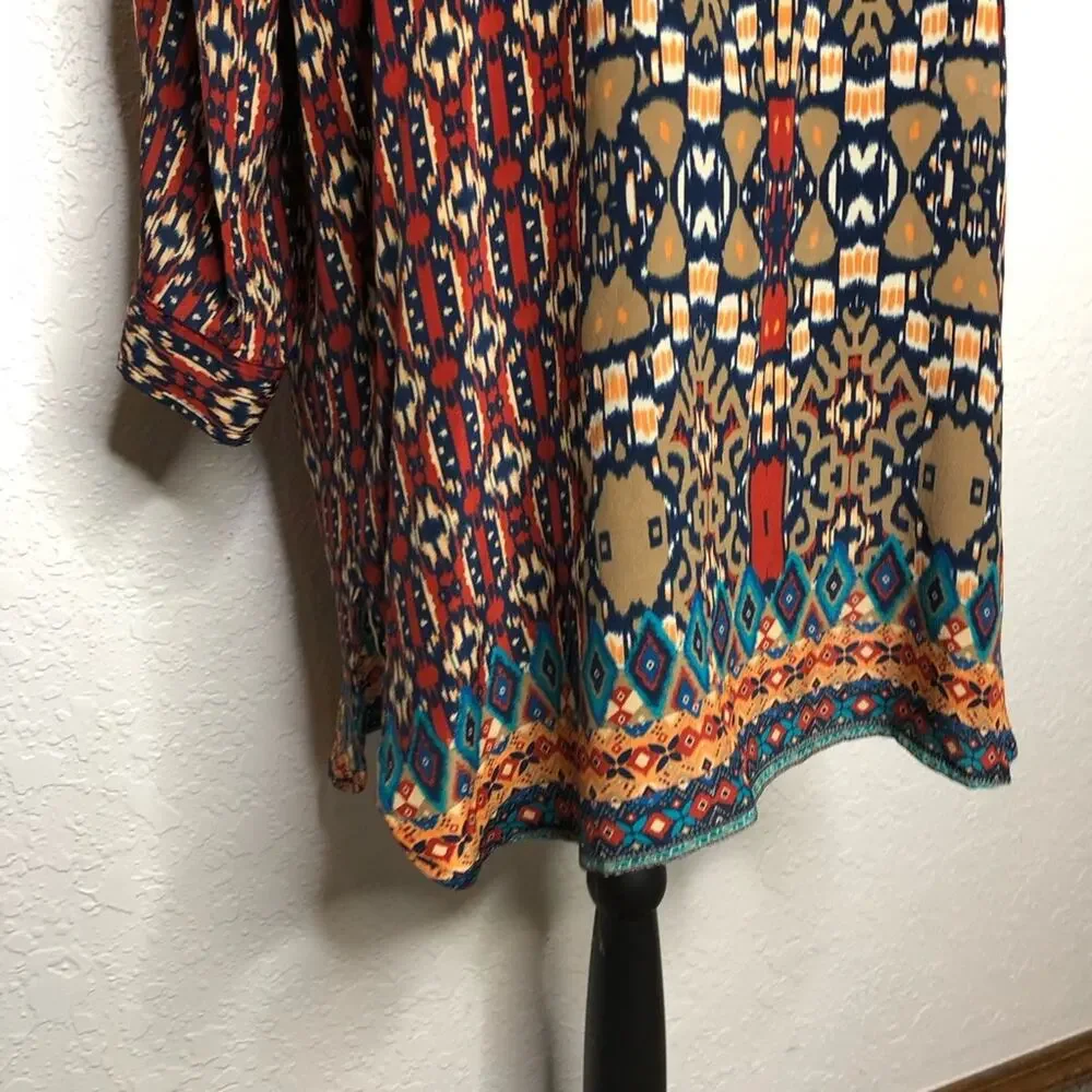 Tolani red blue orange graphic print silk shift dress size Medium